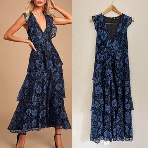 Molinetto Navy Blue Lace Ruffled Tiered Sleeveless Maxi Dress